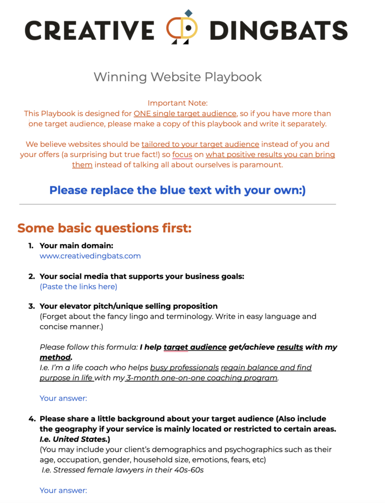 Page from Creative Dingbats' Winning Website Playbook outlining how to tailor content for a target audience with sample sections to complete.